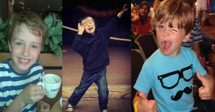 Collage of three childhood photos of the young boys: drinking from a cup and smiling, posing playfully with arms raised, and winking while giving a thumbs-up in a blue T-shirt.