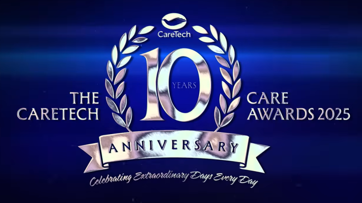 CareTech 10 Years Anniversary graphic for The CareTech Care Awards 2025, featuring a silver “10” encircled by laurel wreaths on a blue background, with a ribbon reading “Anniversary” and the tagline “Celebrating Extraordinary Days Every Day.