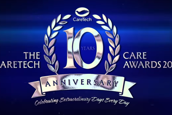 CareTech 10 Years Anniversary graphic for The CareTech Care Awards 2025, featuring a silver “10” encircled by laurel wreaths on a blue background, with a ribbon reading “Anniversary” and the tagline “Celebrating Extraordinary Days Every Day.
